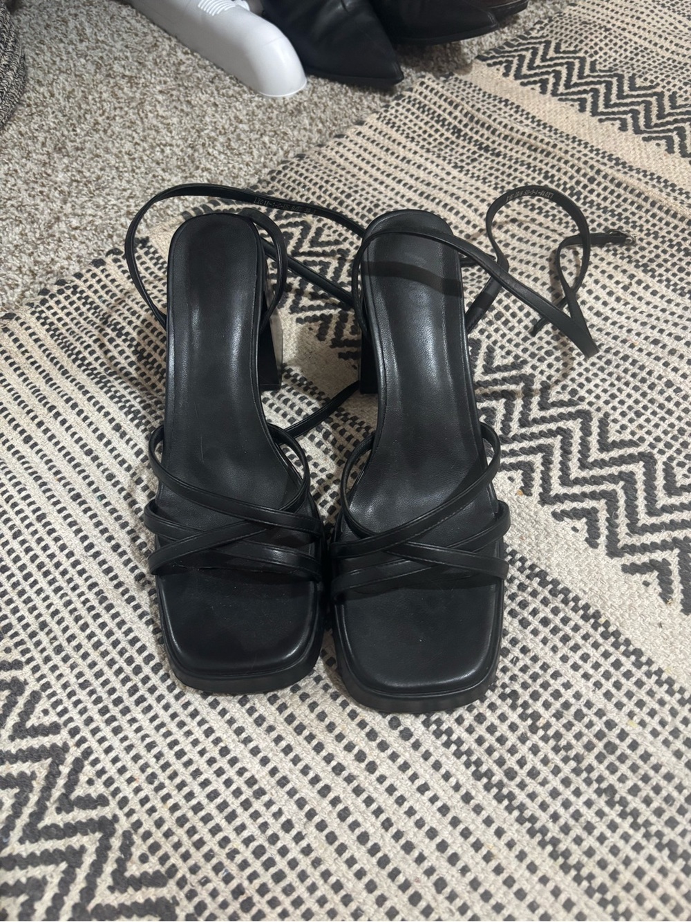 Black Strappy Square-Toe Women's Heels